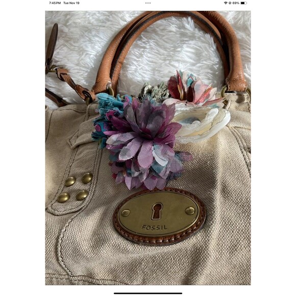 FOSSIL Grayson Beige Canvas Fabric Satchel Bag Added Floral Accessories ***READ - Picture 5 of 12